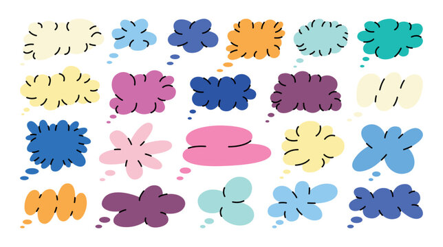 Big set of word bubbles for text, thought clouds, empty frames for chats and messages. Retro futuristic abstract geometric shapes, forms and figures. Clouds, bubbles and 3D objects in various colours.