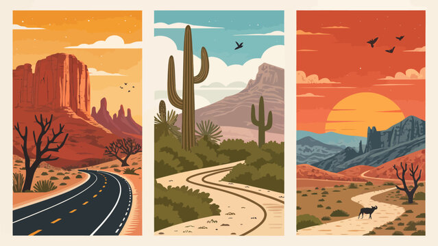 Set of three desert landscape illustrations featuring mesas, saguaro cacti, winding roads, and sunset views in a flat vector art style