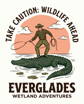 Retro vintage badge illustration of a brave cowboy wrangler standing on a large green alligator in the Florida Everglades wetland swamp during a vibrant orange sunset backdrop scene.