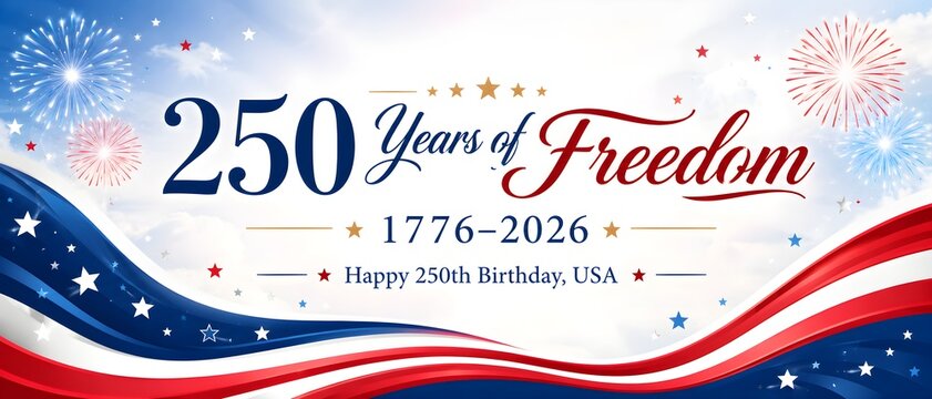 American Semiquincentennial 250 Years of Freedom banner, patriotic USA 250th birthday celebration with fireworks, red white and blue flag background