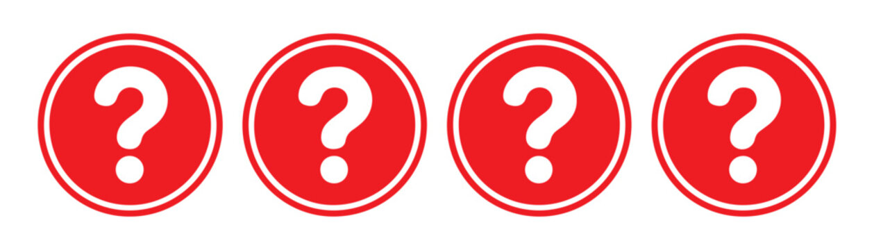 Set of four circular icons featuring red question mark symbols isolated on a transparent grid background.