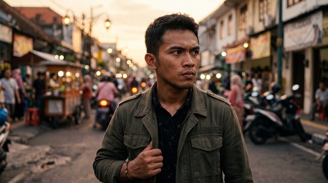 Cinematic portrait of Indonesian young man Rian with authentic local face and determined expression in a busy urban market at sunset, orang indonesia.