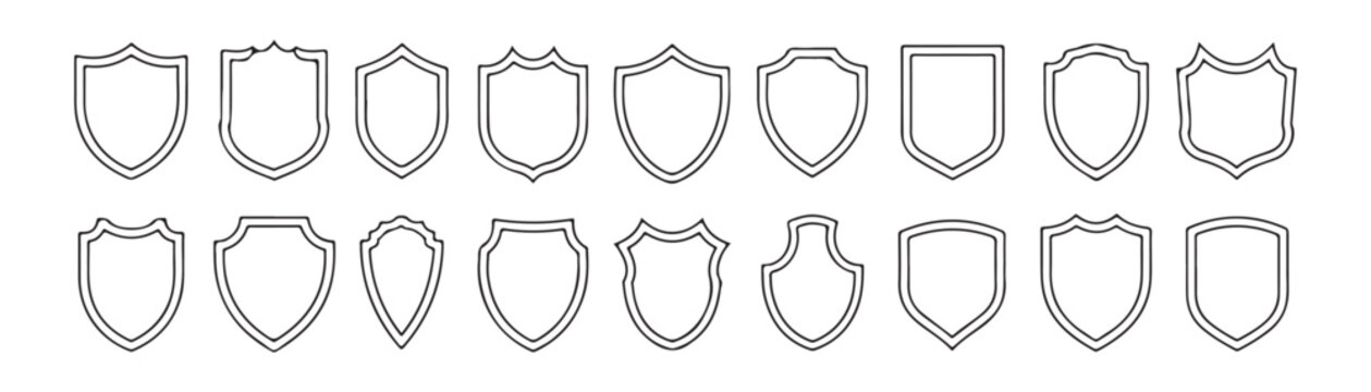 Large collection of various shield outline shapes for security and protection concepts on transparent grid.
