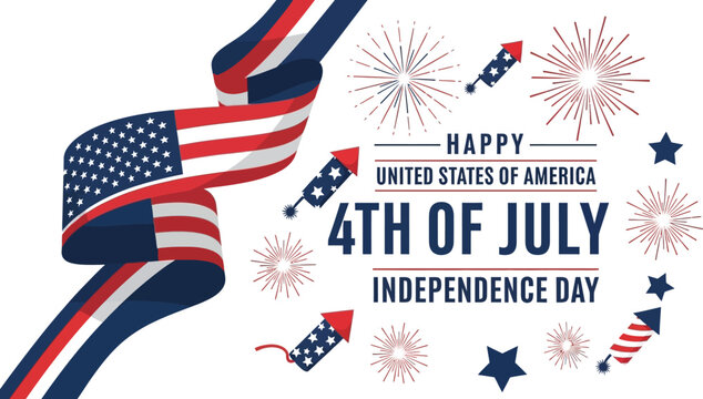 Patriotic ribbon wraps around Independence Day text accompanied by fireworks and rocket illustrations in a festive composition.