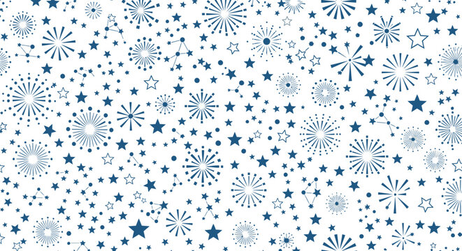 Fireworks and stars create a dense festive pattern across a bright white background.
