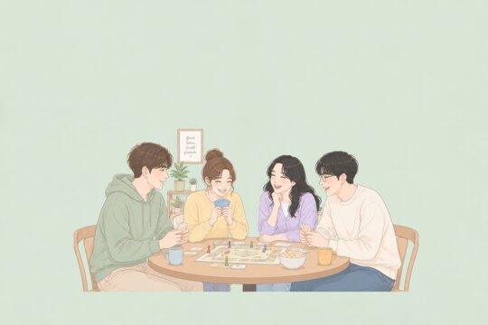 Cute pastel illustration of young friends hanging out, shopping, and having fun on weekend.