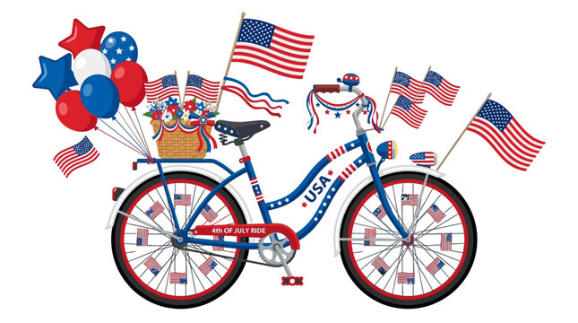 Patriotic bicycle, American flag bike, red white blue decorations, 4th of July icons, festive cycling isolated on White Background EPS