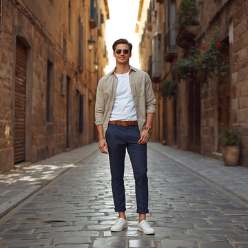 Man portrait standing cobblestone alley showing happiness with short hair linen shirt and warm morning sunlight creating timeless european lifestyle generative AI