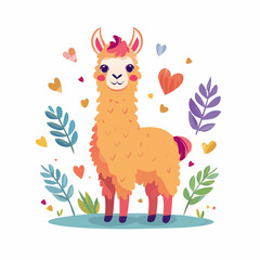 Fototapeta premium Cute Cartoon Llama Surrounded by Hearts and Leaves