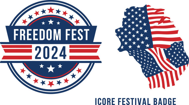 Freedom Fest 2024 badge displays a circular emblem alongside a stylized map shape filled with patriotic star and stripe patterns.