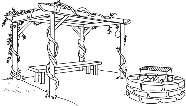 outdoor wooden pergola with bench and stone fire pit  backyard patio furniture