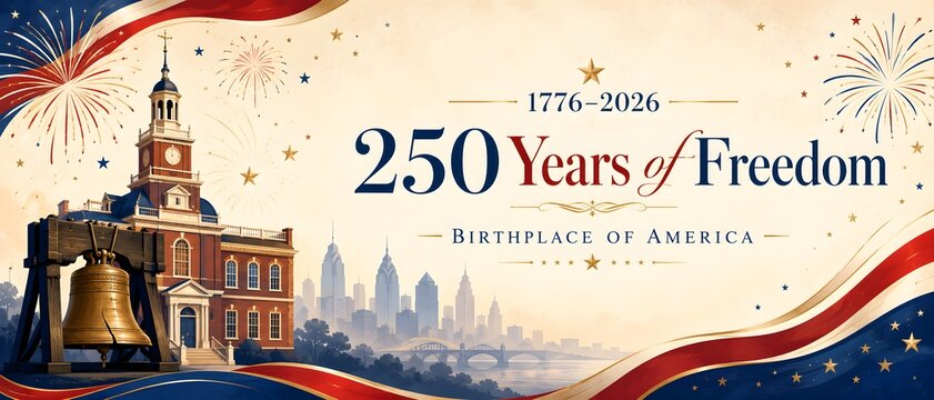 Patriotic 250 Years of Freedom banner, American Semiquincentennial celebration with Liberty Bell and historic architecture, 1776-2026 anniversary