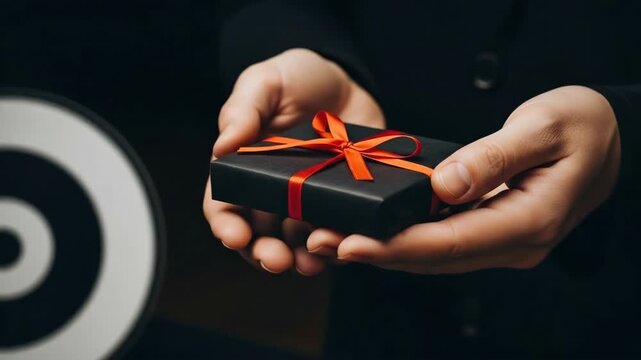 A pair of hands holding a small black gift box tied with a bright red ribbon