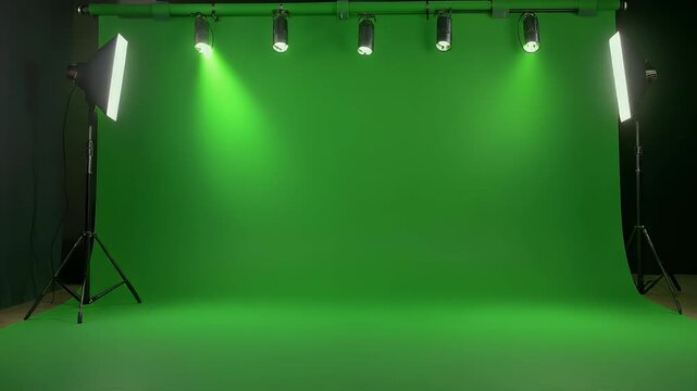 A professional green screen studio setup with various lighting equipment for video production.