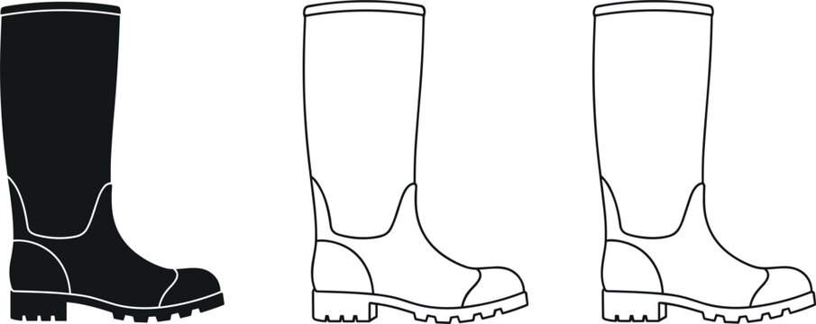 Rubber boots vector icons set featuring waterproof rain wellington boot solid glyph and lineart designs