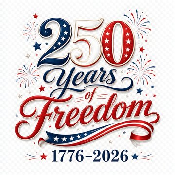USA Semiquincentennial 250 Years of Freedom celebration typography, patriotic 1776-2026 anniversary logo, red white and blue stars and fireworks