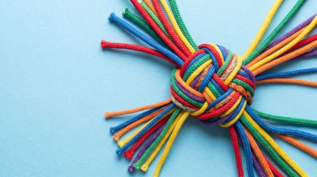 A colorful paracord knot crafted with strands in red, yellow, green, blue, and orange hues against a light blue background.