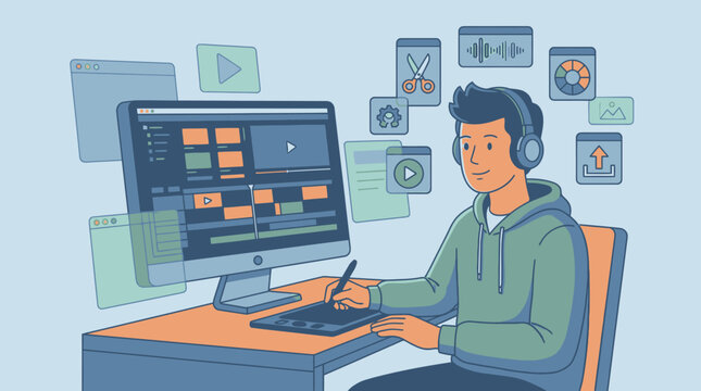 A man wearing a headset works on a computer with graphics and icons