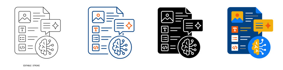 Fototapeta premium AI Documentation Assistant and Document Automation Icon Set Editable Outline Solid and Colored Vector Collection