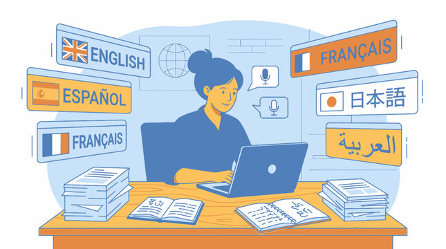 A woman translates documents on her laptop surrounded by papers and language flags