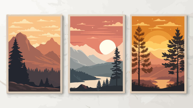 Set of three modern minimalist landscape posters with mountains, pine trees, and sunset scenes in warm earthy tones, vector illustration wall art