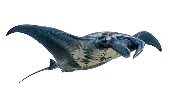 A large dark gray manta ray isolated on transparent background swimming in the ocean
