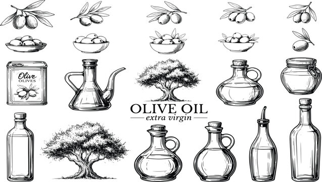 Hand Drawn Olive Oil Vector Set with Extra Virgin Bottles, Tree Sketches, Bowls of Olives, and Canisters for Mediterranean Food Branding and Packaging