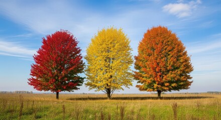 Obraz premium Three Vibrant Autumn Trees with Red Yellow and Orange Foliage in a Golden Field Under a Clear Blue Sky