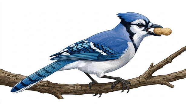 Blue jay perched on branch with peanut vector illustration isolated on white background