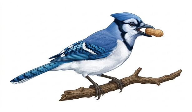 Blue jay perched on branch with peanut vector illustration isolated on white background