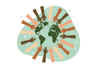 Global unity illustration featuring diverse hands surrounding the earth. Ideal for social justice, community, and environmental concepts. © Sopare