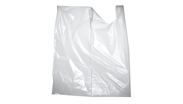Isolated empty crumpled white plastic bag with thin crinkled texture, sustainable disposal and recycling pollution awareness