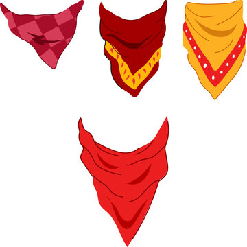 Red and yellow bandannas and handkerchiefs in varied vintage western patterns, perfect cowhand accessories for neck, head, or face covering in rustic, retro style