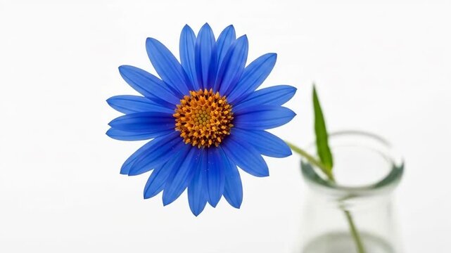 A vibrant blue daisy flower sitting in a simple glass vase on white background