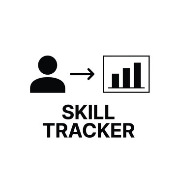 Skill tracker icon featuring a person silhouette pointing towards a bar graph on a white background development competency assessment