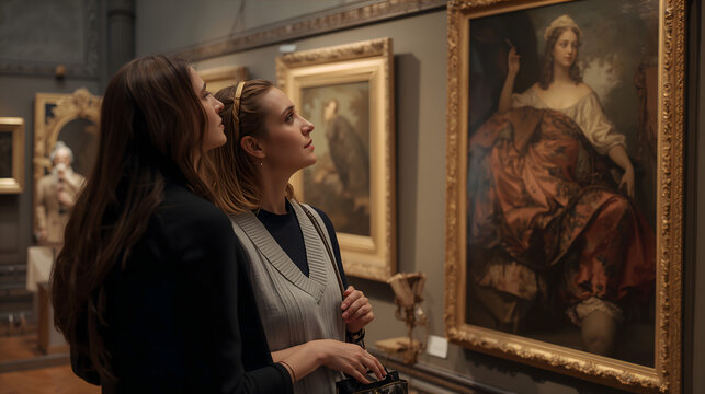 Couple viewing art in gallery showing shared intellectual interest with beautiful museum setting and fine details creating cultural lifestyle portrait generative AI