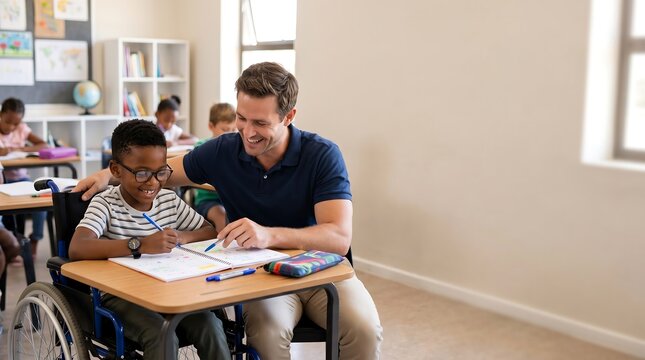 An inspiring and inclusive educational stock photo of a teacher helping a student in a wheelchair
