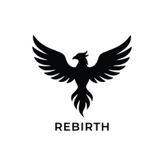 Fototapeta premium Black silhouette of a phoenix with wings spread set against a plain white background bird feather avian mythology legend