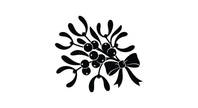Mistletoe Silhouette With Bow Black On White Background