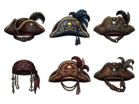 Collection of Ornate Pirate Hats and Bandana with Skull Emblems, Feathers, and Gold Embroidery