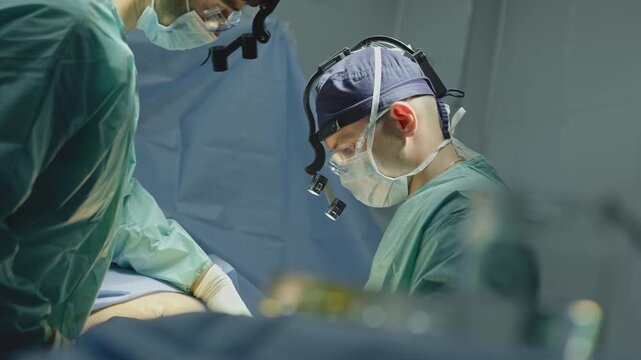 Close up two males surgeons in medical masks doctors men wearing advanced surgery loupes lights working operating in hospital clinic physicians neurosurgeons workers health medicine teamwork assisting