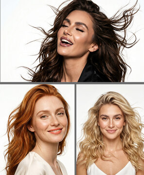 Three women with flowing hair, ginger, brunette and blonde on white background, collage. Perfect for beauty, hair care, or diversity-themed design projects.