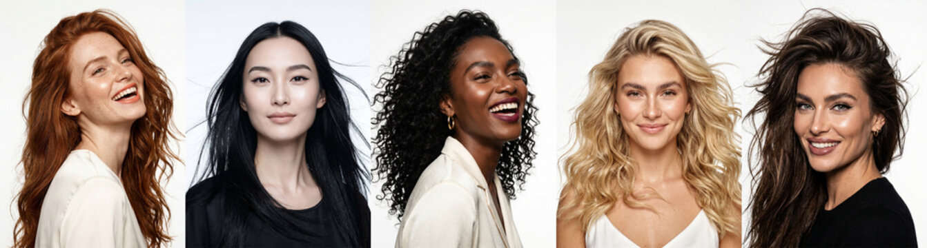Five diverse women with flowing hair on white background, collage. Perfect for beauty, hair care, or diversity-themed design projects.