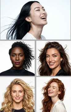Five diverse women with flowing hair on white background, collage. Perfect for beauty, hair care, or diversity-themed design projects.