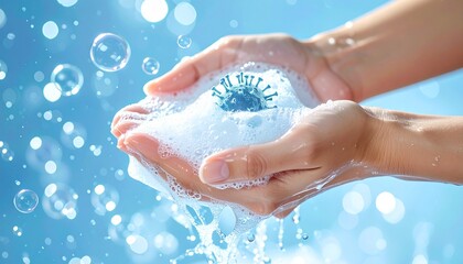 Fototapeta premium Hands Holding Soap Bubbles with Virus.