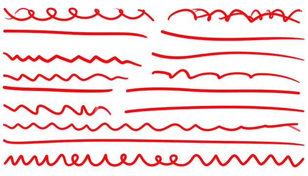 Set of red hand drawn doodle lines, scribbles and wavy strokes, abstract design elements for bullet journal