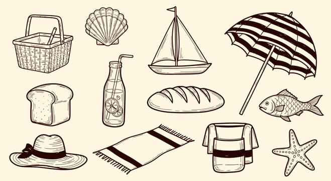 A hand drawn set collection of beach items on the sand