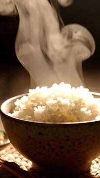 Detailed Close Up Of Steaming Bowl Of Freshly Cooked White Rice Emitting Warm Vapor In Rustic Ceramic Bowl