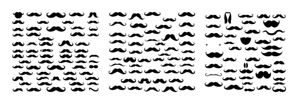 Moustache designs set with 24 distinct variations in a 4x6 grid on a plain white background featuring black and white, vector, playful with minimalistic and symmetry