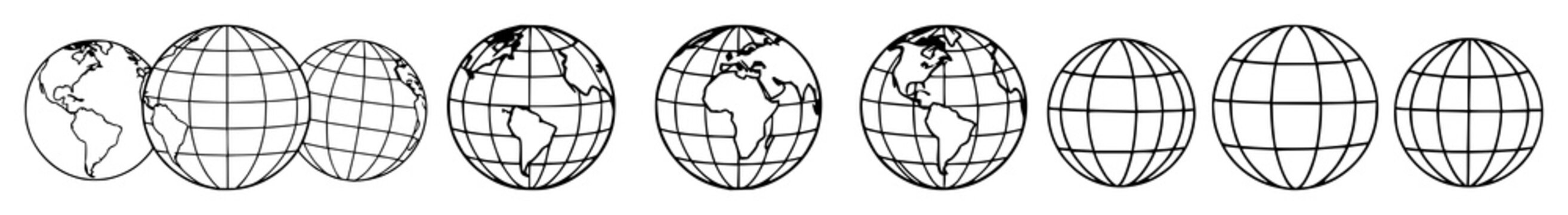 Three globe icons in a row, each with a different stroke weight, set against a plain white background. The globes are depicted in a minimalist vector illustration style with a monochromatic color p...